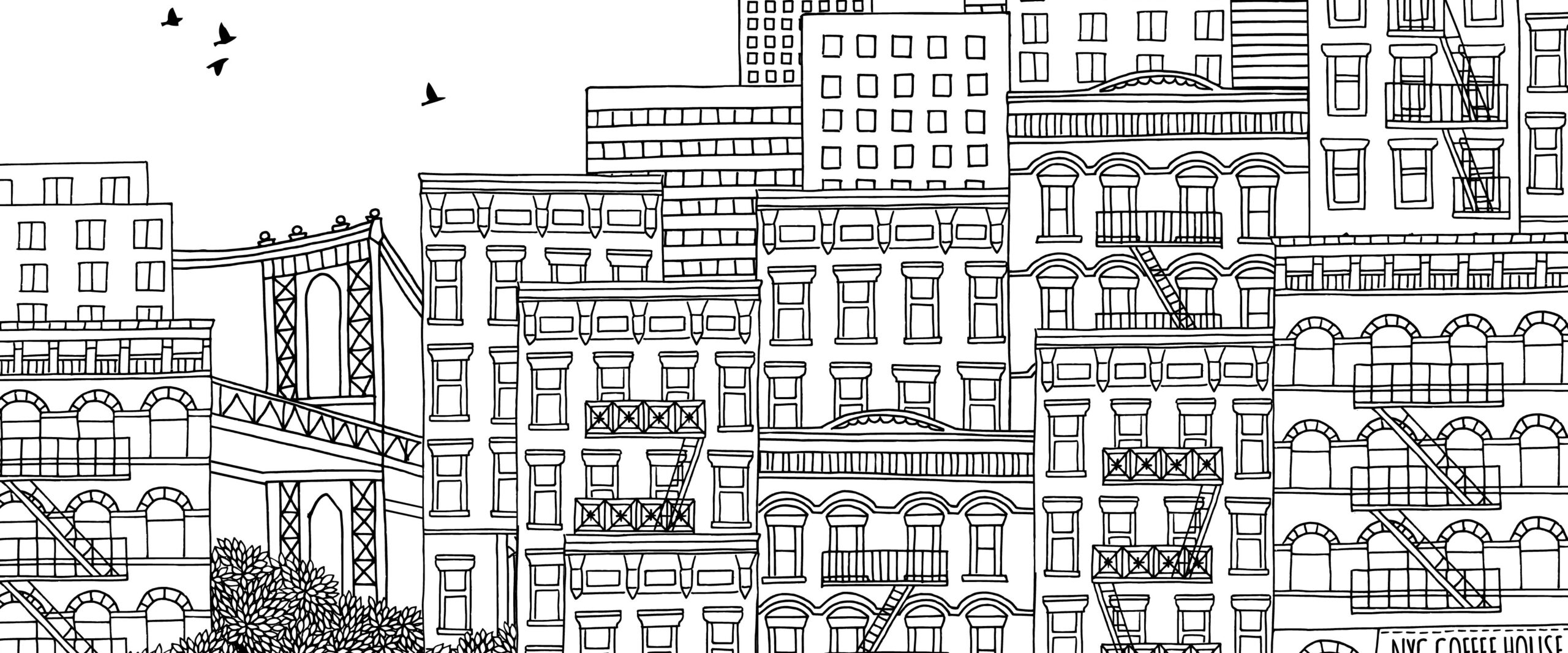 Black-and-white illustration of New York City apartment buildings and a bridge